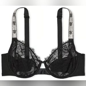 40C 38DD VS Fabulous Unlined Shine Strap Rose Lace Full Cup Bra Black
